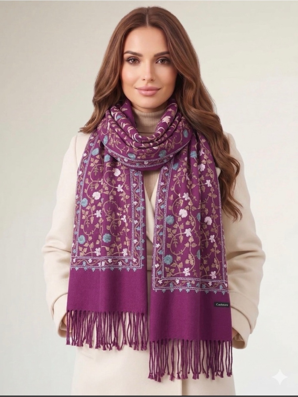 Cashmere Embroidered Purple Floral Fringed Hand Woven Body Scarf Throw 76x26